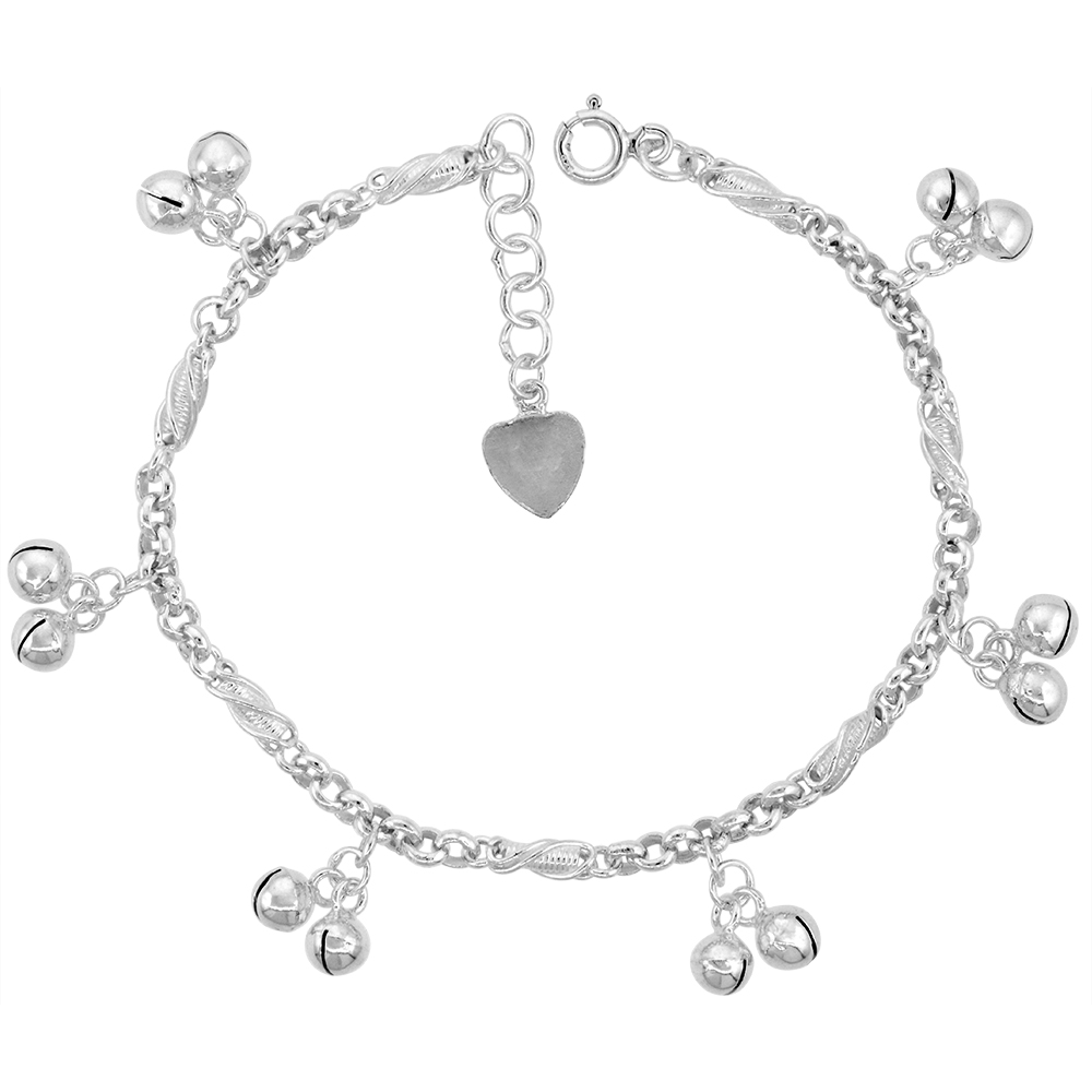Sterling Silver Dangling Double Jingle Bells Charm Charm Bracelet for Women Rolo Links10mm Drops fits 7-8 inch wrists