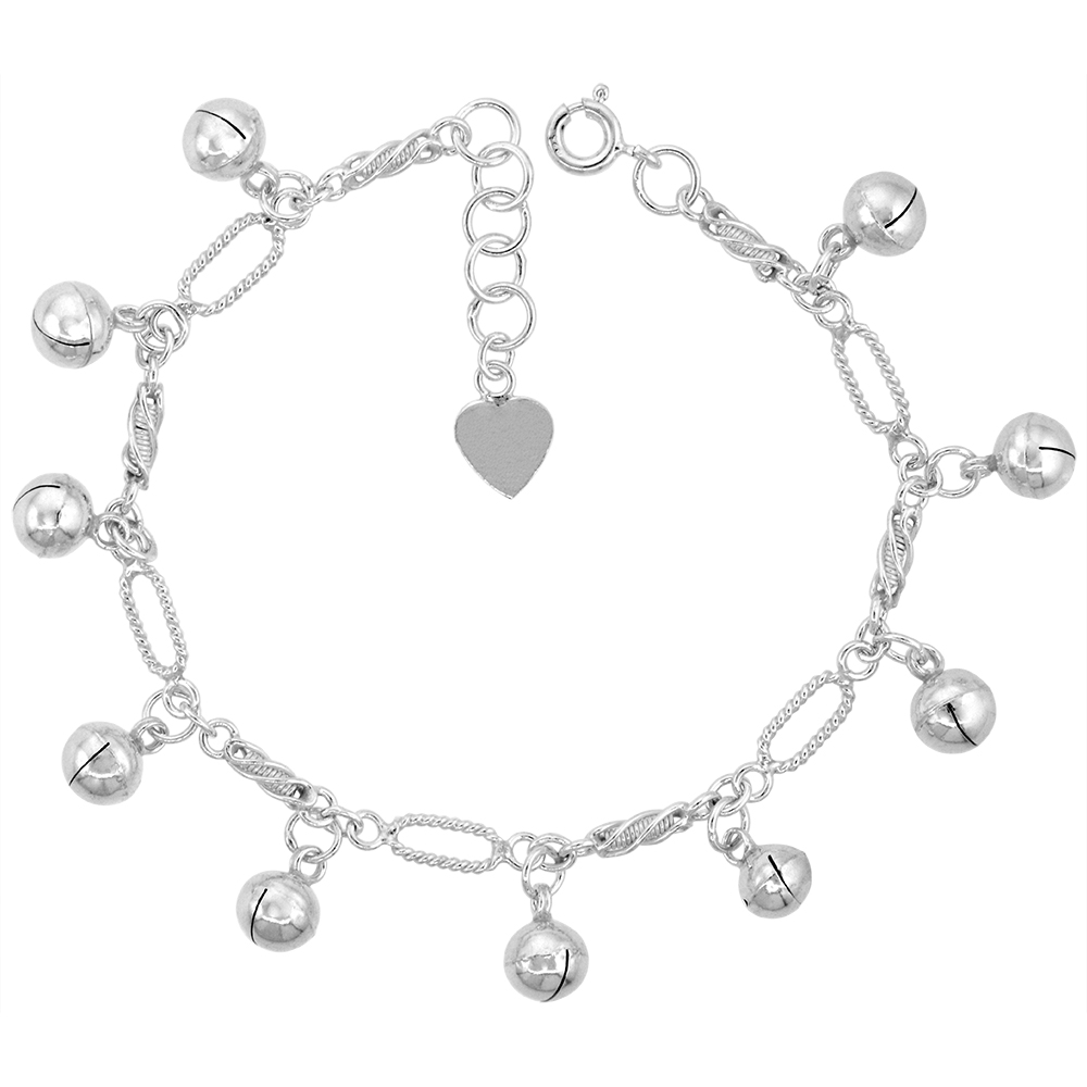 Sterling Silver Dangling Jingle Bells Charm Charm Bracelet for Women Oval Rope Links12mm Drops fits 7-8 inch wrists