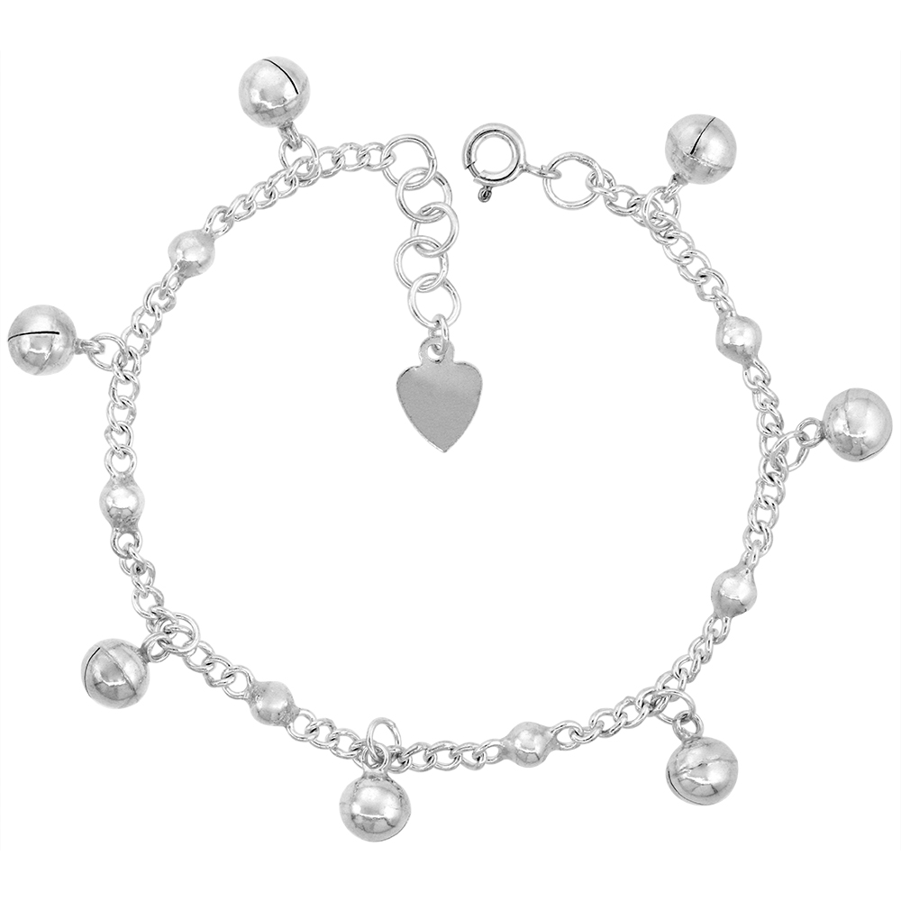 Sterling Silver Dangling Beads and Jingle Bells Charm Charm Bracelet for Women Curb Links14mm Drops fits 7-8 inch wrists