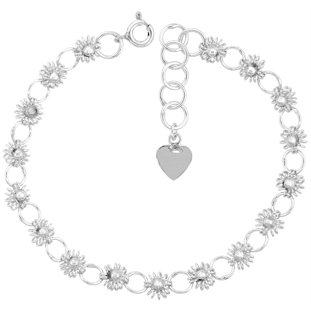 3/16 inch wide Sterling Silver Teeny Circled Link Sunflowers Charm Bracelet for Women 5mm fits 7-8 inch wrists