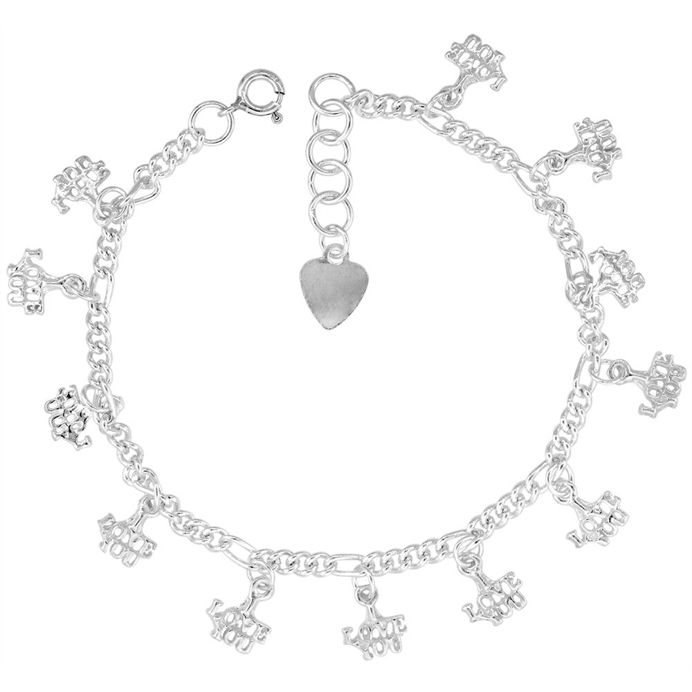 Sterling Silver Dangling I LOVE YOU Charm Charm Bracelet for Women 12mm Drops fits 7-8 inch wrists