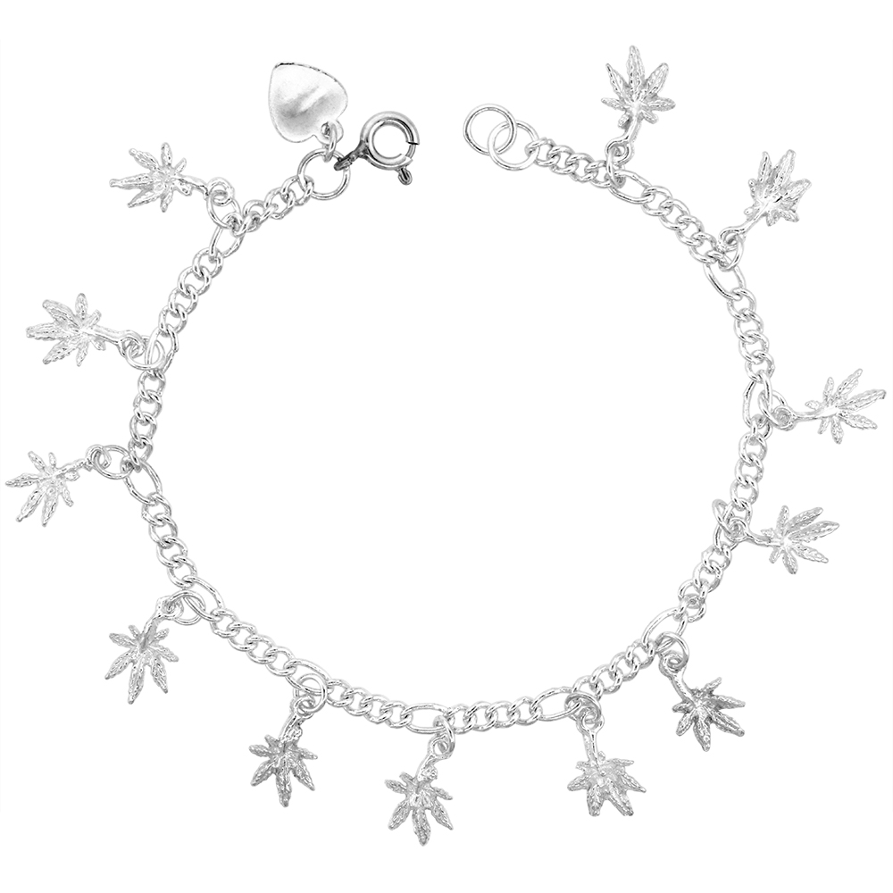 Sterling Silver Dangling Figaro Link Pot Leaf Charm Charm Bracelet for Women 14mm Drops fits 7-8 inch wrists
