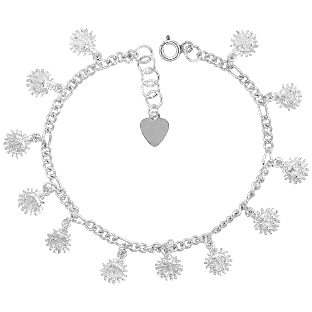 Sterling Silver Dangling Sun Charm Charm Bracelet for Women 14mm Drops fits 7-8 inch wrists