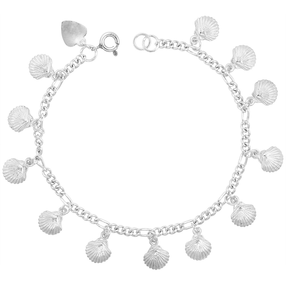 Sterling Silver Dangling Shells Charm Charm Bracelet for Women 16mm Drops fits 7-8 inch wrists