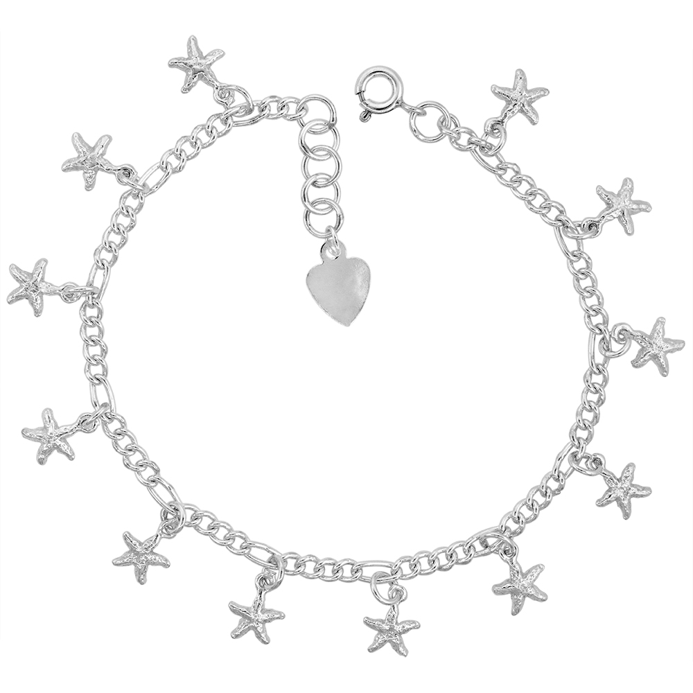 Sterling Silver Dangling Stars Anklet for Women 11mm Drops fits 9-10 inch ankles