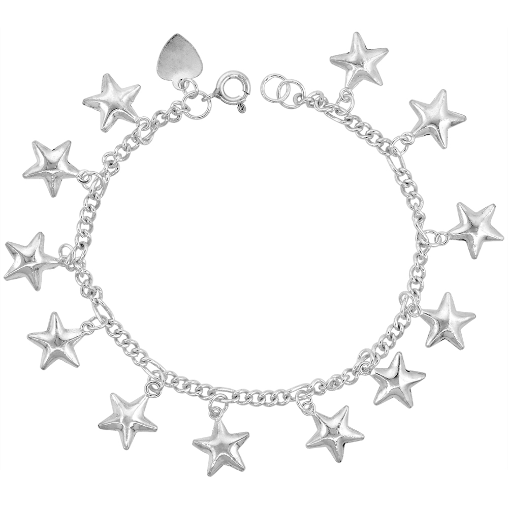 Sterling Silver Dangling Stars Charm Charm Bracelet for Women 15mm Drops fits 7-8 inch wrists