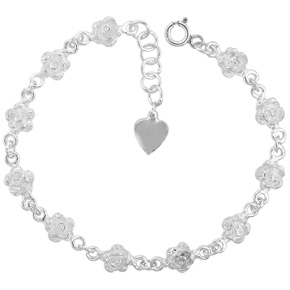 5/16 inch wide Sterling Silver Linked Rose Flower Anklet for Women 8mm fits 9-10 inch ankles