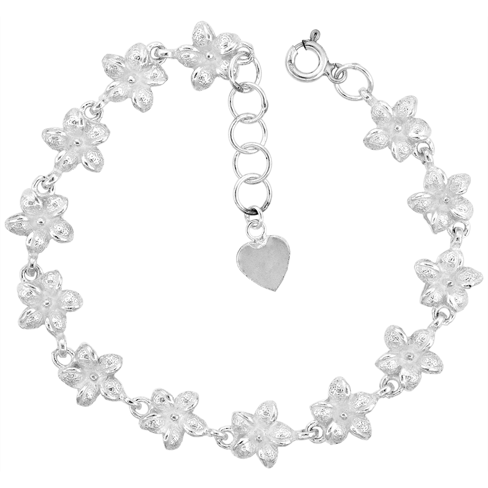 7/16 inch wideSterling Silver Hibiscus Flower Charm Bracelet for Women 11mm fits 7-8 inch wrists
