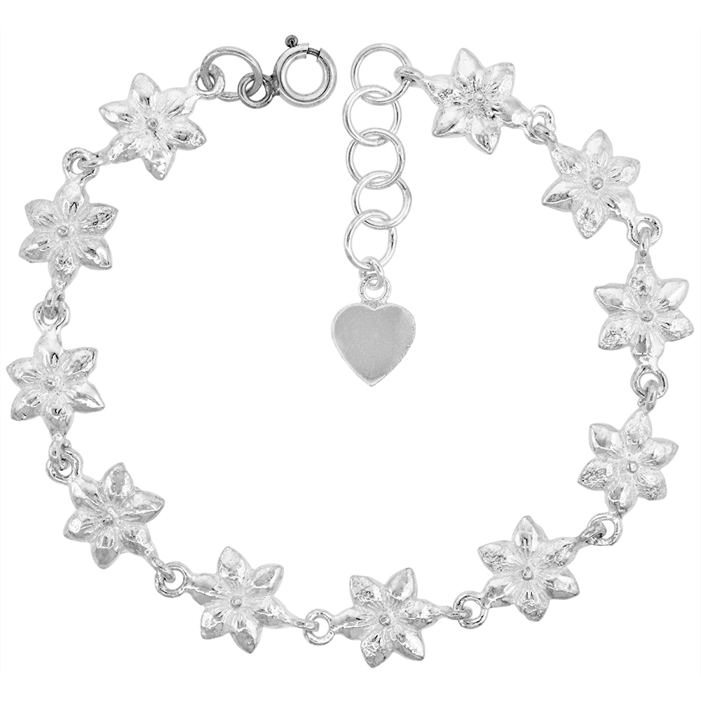 7/16 inch wideSterling Silver 6 Petal Flower Charm Bracelet for Women 11mm fits 7-8 inch wrists