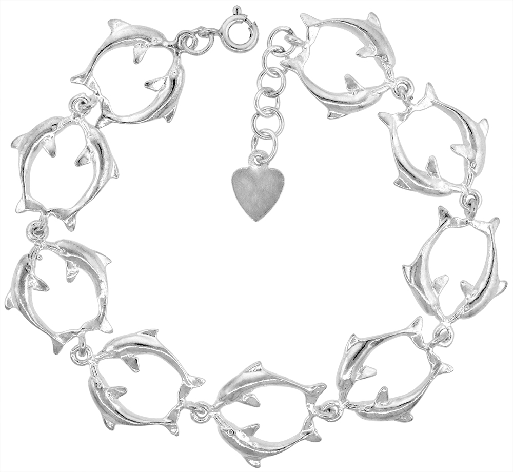 Sterling Silver Linked Double Dolphins Charm Bracelet for Women 20mm wide fits 7-8 inch wrists