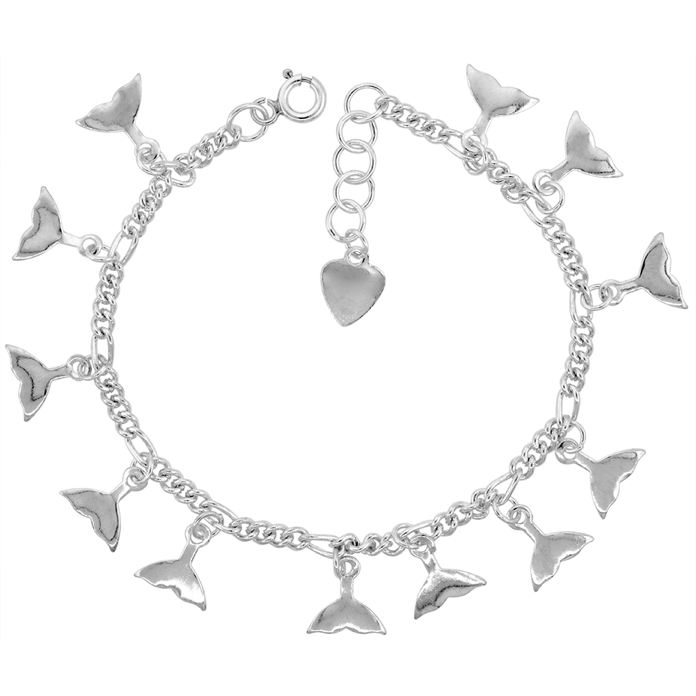 Sterling Silver Dangling Whale Tail Charm Charm Bracelet for Women 12mm drops fits 7-8 inch wrists