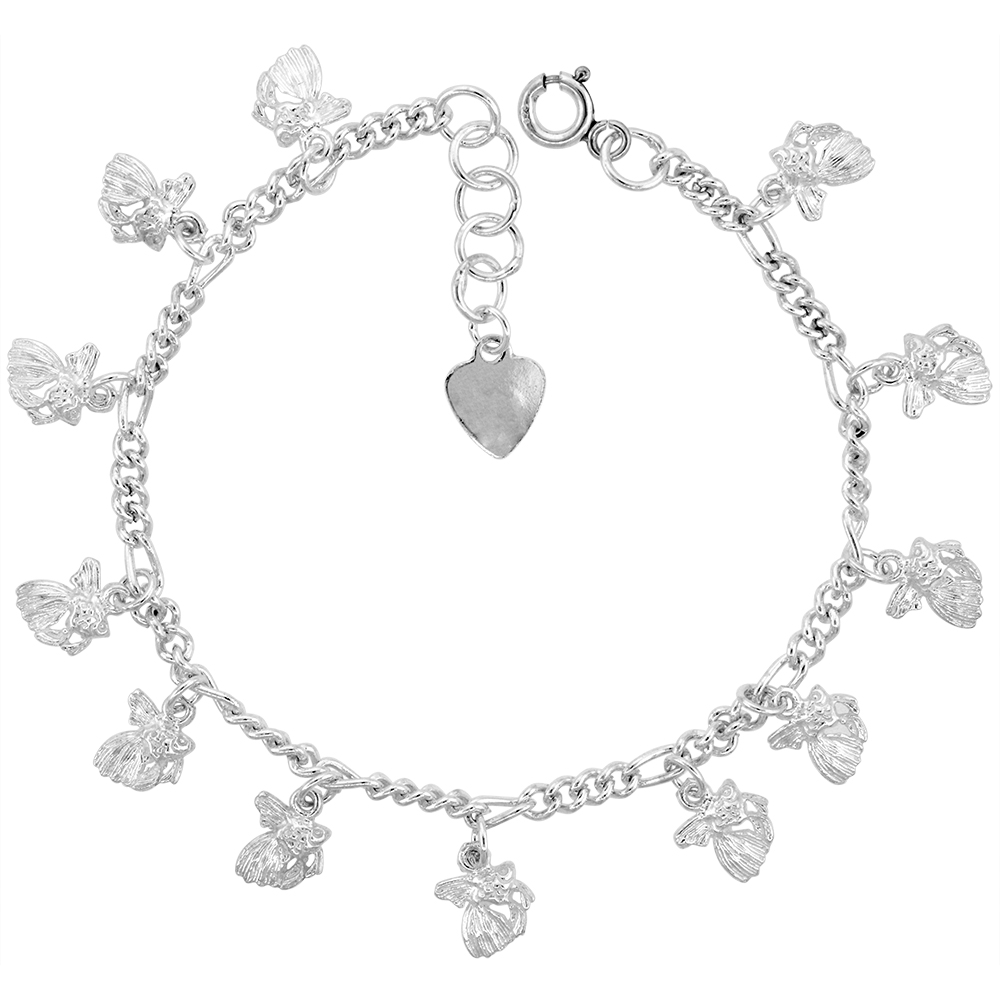 Sterling Silver Dangling Goldfish Charm Charm Bracelet for Women 12mm drops fits 7-8 inch wrists