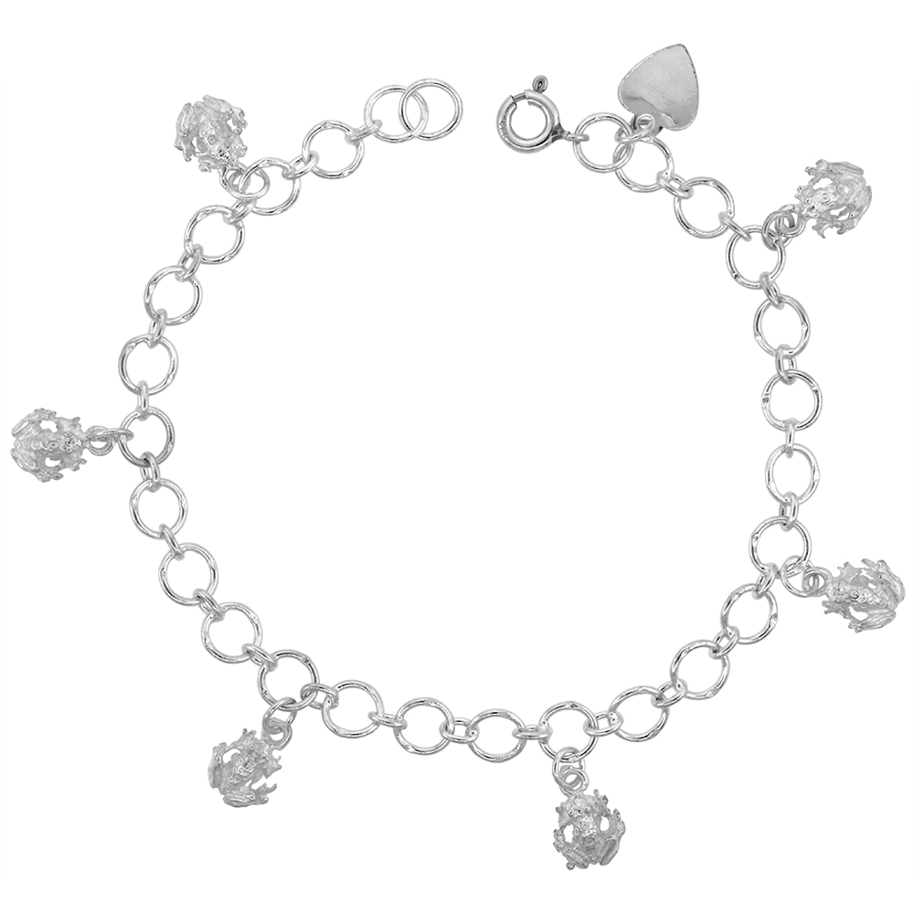 Sterling Silver Dangling Frogs Charm Charm Bracelet for Women 15mm drops fits 7-8 inch wrists