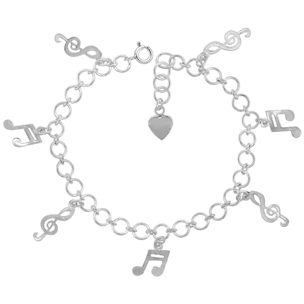 Sterling Silver Dangling Musical Notes Charm Charm Bracelet for Women 25mm drops fits 7-8 inch wrists