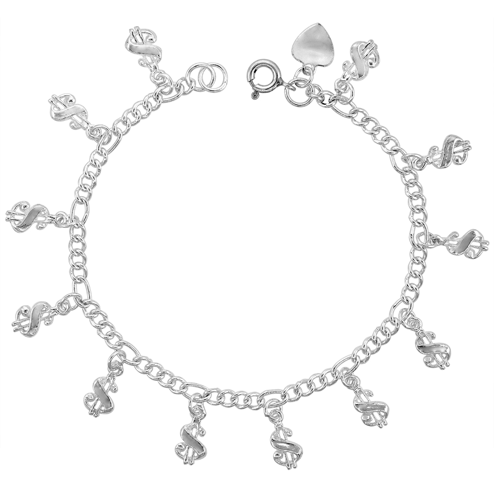 Sterling Silver Dangling Dollar Signs Charm Charm Bracelet for Women 18mm drops fits 7-8 inch wrists