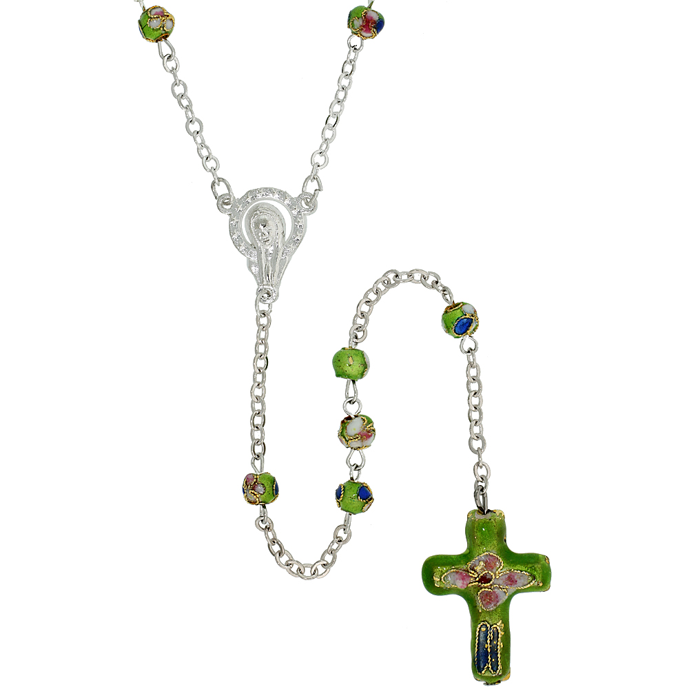 Cloisonne Rosary Necklace Peridot Green Color 5 mm Beads, 30 inch