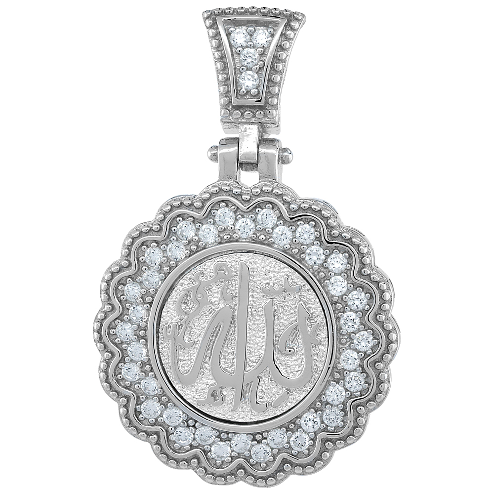 Sterling Silver ALLAH CZ Islamic Scallop Pendant, 15/16 inch in diameter