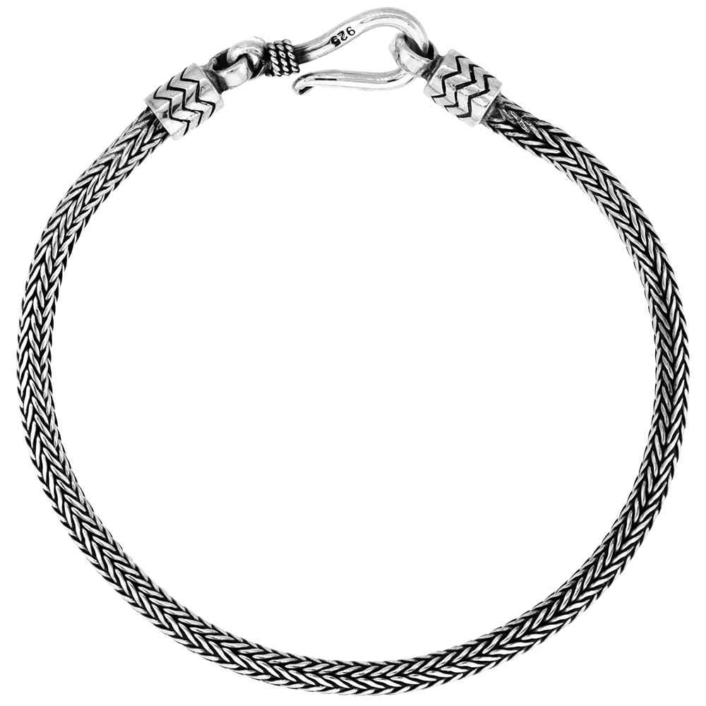 Sterling Silver 3mm Round Foxtail Tulang Naga Chain Bracelets Genuine Bali Handmade Antiqued Finish Nickel Free 7-8 inch