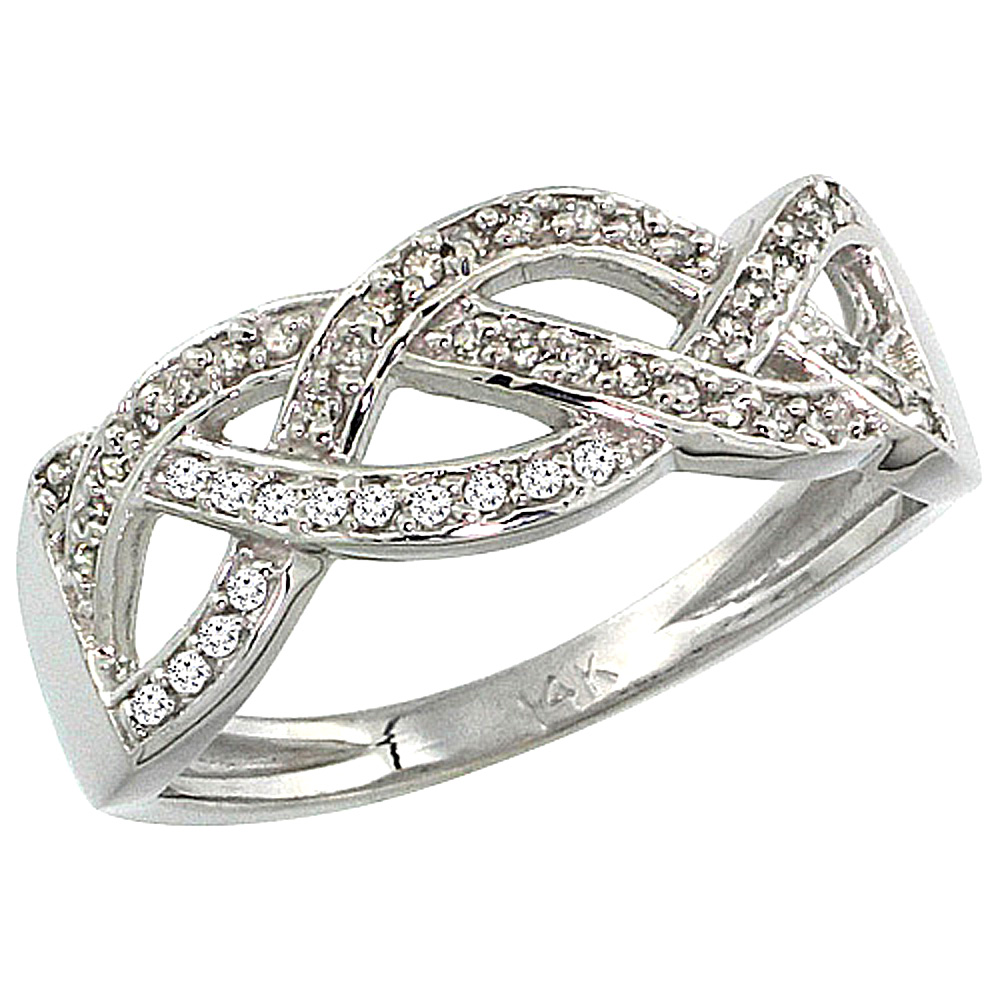 14K WHITE GOLD BRAIDED KNOT DIAMOND RING W/ 0.15 CARAT BRILLIANT CUT ( H-I COLOR; VS2-SI1 CLARITY ) DIAMONDS, 9/32 IN. (7MM) WIDE