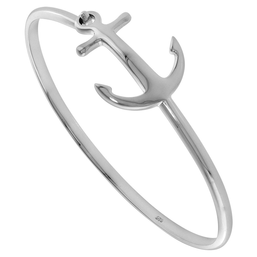 Sterling Silver Plain Anchor Bangle Bracelet for Women Hook and Eye Clasp Flawless High Polish Finish fits Average 7-7.5 inch Wrist Size