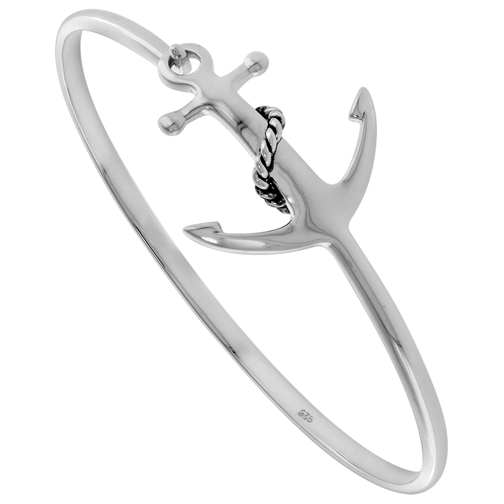 Sterling Silver Rope with Anchor Bangle Bracelet for Women Hook and Eye Clasp Flawless High Polish Finish fits Average 7-7.5 inch Wrist Size