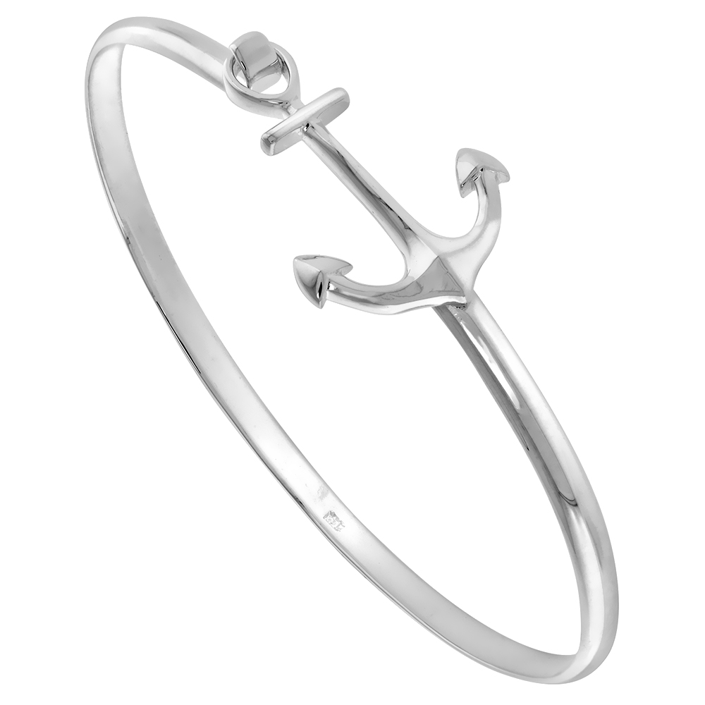 Sterling Silver Thin Anchor Bangle Bracelet for Women Hook and Eye Clasp Flawless High Polish Finish fits Average 7-7.5 inch Wrist Size