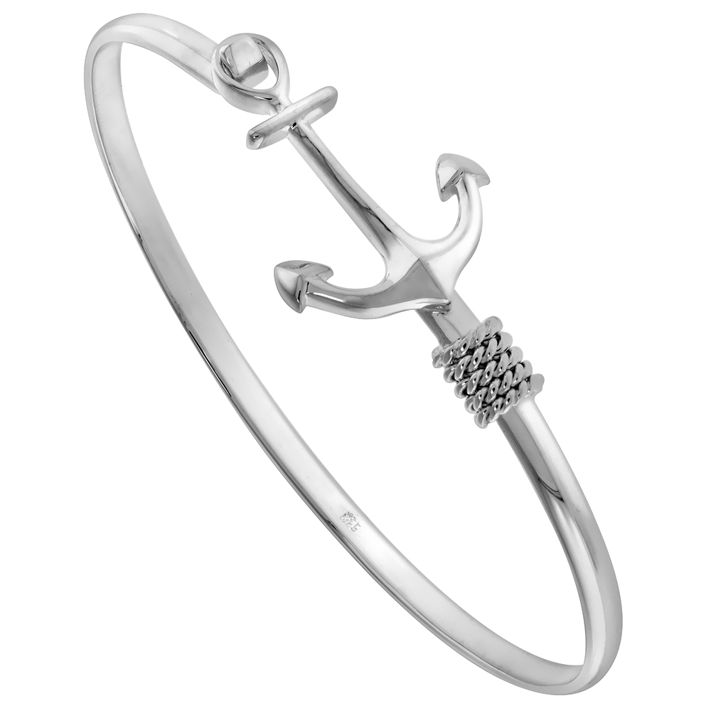 Sterling Silver Rope Wrap Thin Anchor Bangle Bracelet for Women Hook and Eye Clasp Flawless High Polish Finish fits Average 7-7.5 inch Wrist Size