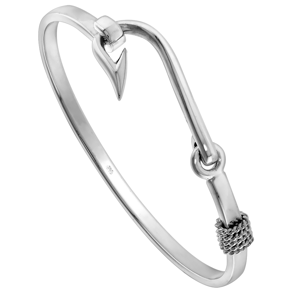 Sterling Silver Fishing Hook Bangle Bracelet for Women Hook and Eye Clasp Flawless High Polish Finish fits Average 7-7.5 inch Wrist Size