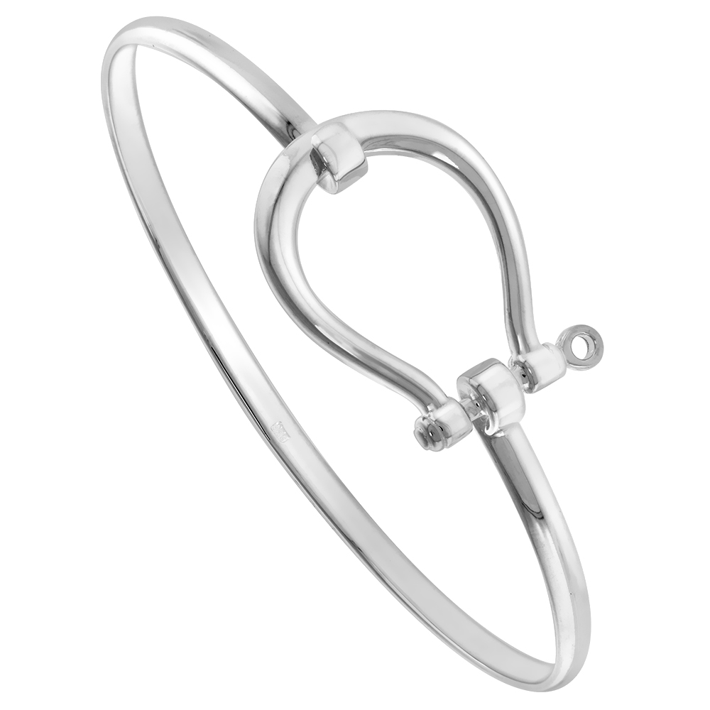 Sterling Silver Sailing D Shackle Bangle Bracelet for Women Hook and Eye Clasp Flawless High Polish Finish fits Average 7-7.5 inch Wrist Size