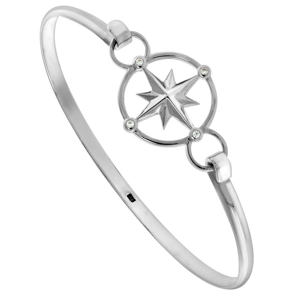 Sterling Silver Compass Bangle Bracelet for Women Hook and Eye Clasp Flawless High Polish Finish fits Average 7-7.5 inch Wrist Size