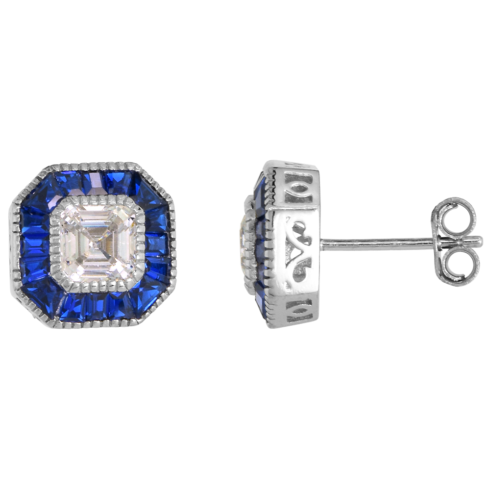 STERLING SILVER ART DECO STUD EARRINGS ASSCHER-CUT CZ 6MM SYNTHETIC BAGUETTE BLUE SAPPHIRES 7/16 INCH