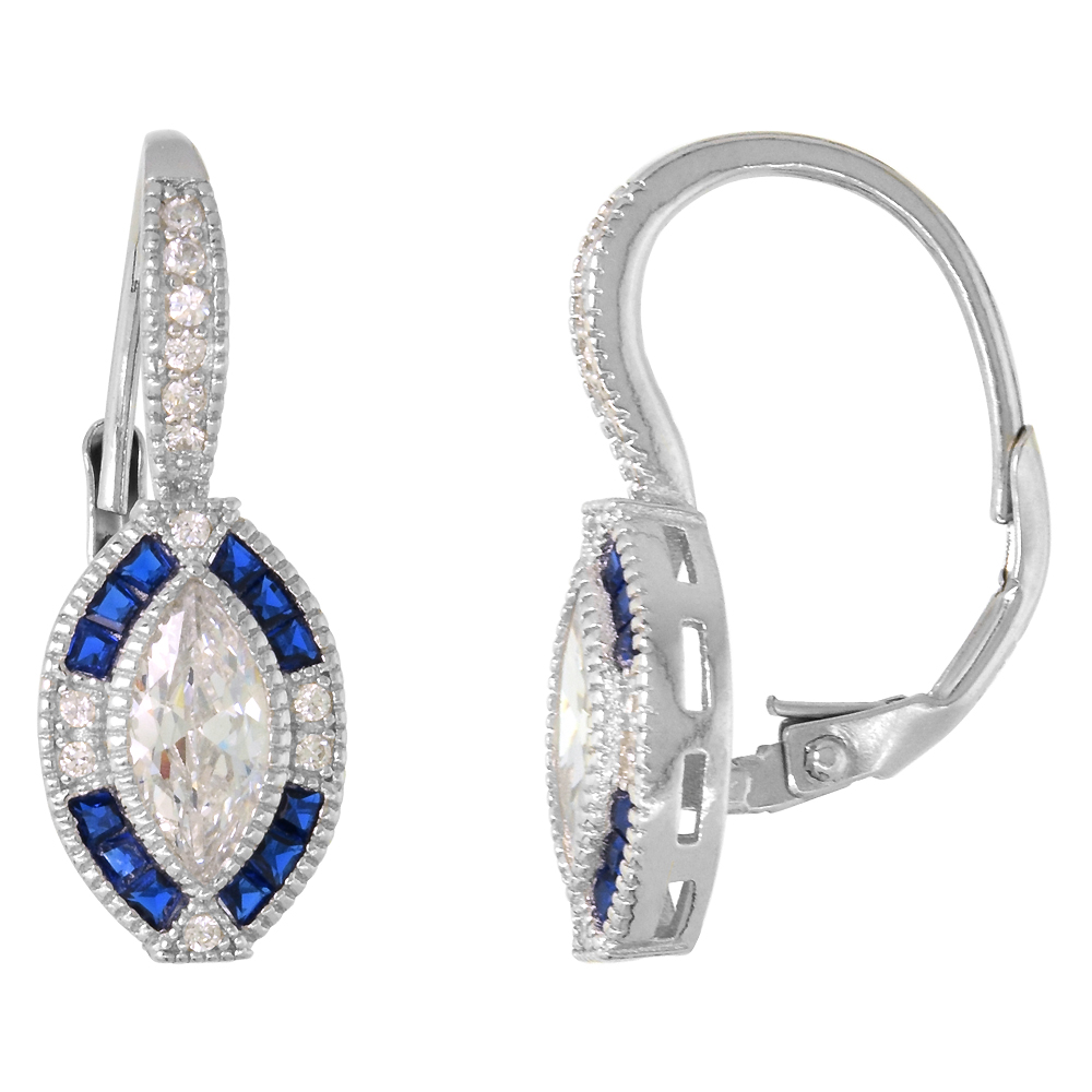 STERLING SILVER ART DECO LEVER BACK EARRINGS MARQUISE CZ 9MM SYNTHETIC BLUE SAPPHIRES 7/8 INCH