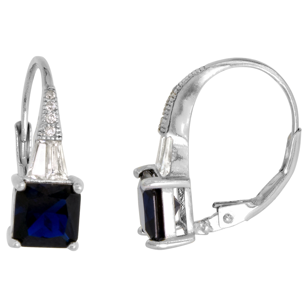 STERLING SILVER ART DECO LEVER BACK EARRINGS SYNTHETIC 6MM SQUARE BLUE SAPPHIRE MICRO PAVE CZ 3/4 IN.