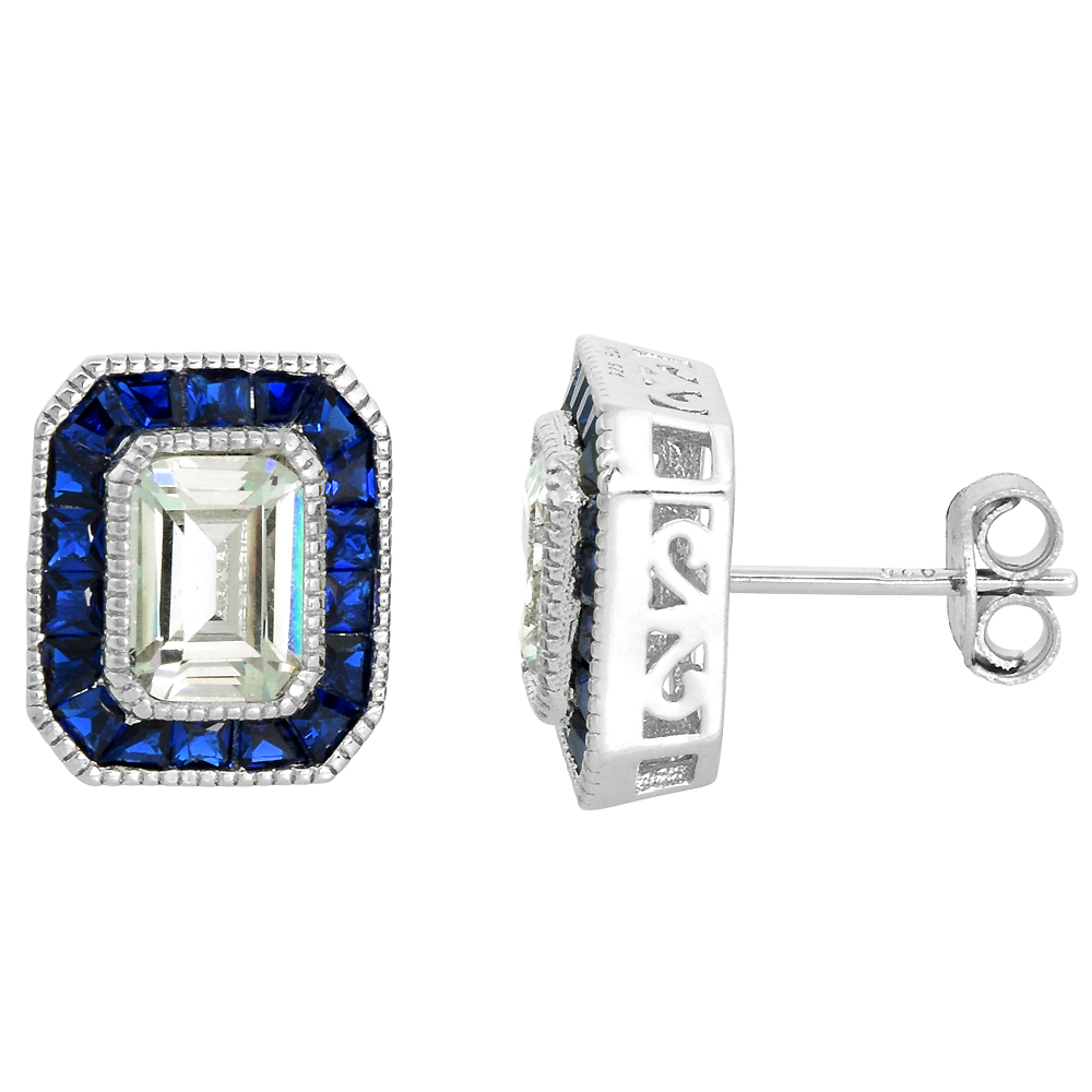 STERLING SILVER ART DECO 8X6MM CZ EMERALD CUT STUD EARRINGS SYNTHETIC BAGUETTE BLUE SAPPHIRES 1/2 INCH