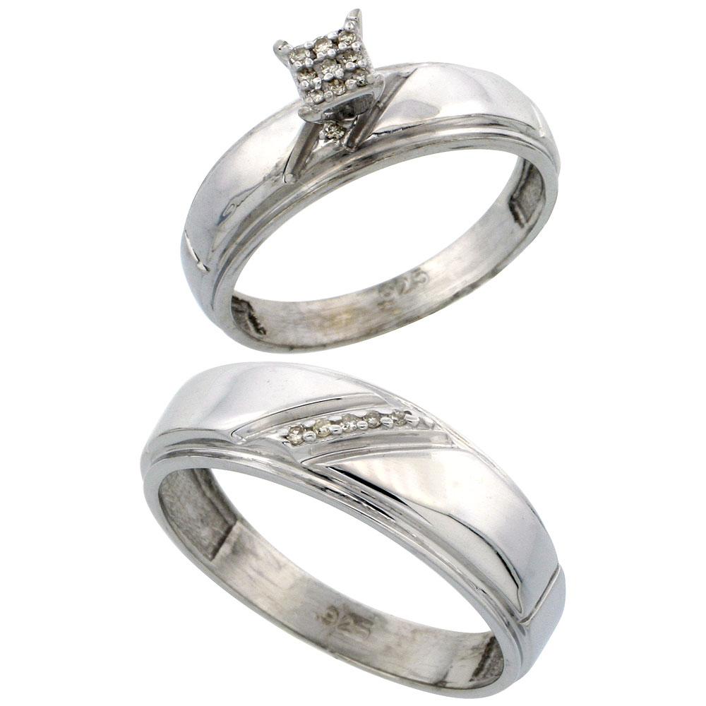 Sterling Silver 2-Piece Diamond wedding Engagement Ring Set for Him and Her Rhodium finish, 5.5mm & 7mm wide