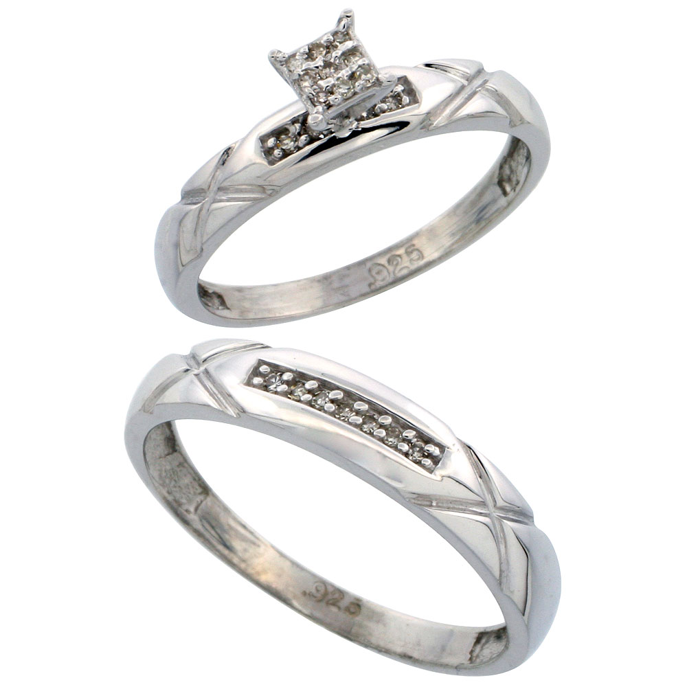 Sterling Silver 2-Piece Diamond wedding Engagement Ring Set for Him and Her Rhodium finish, 3.5mm &amp; 4mm wide