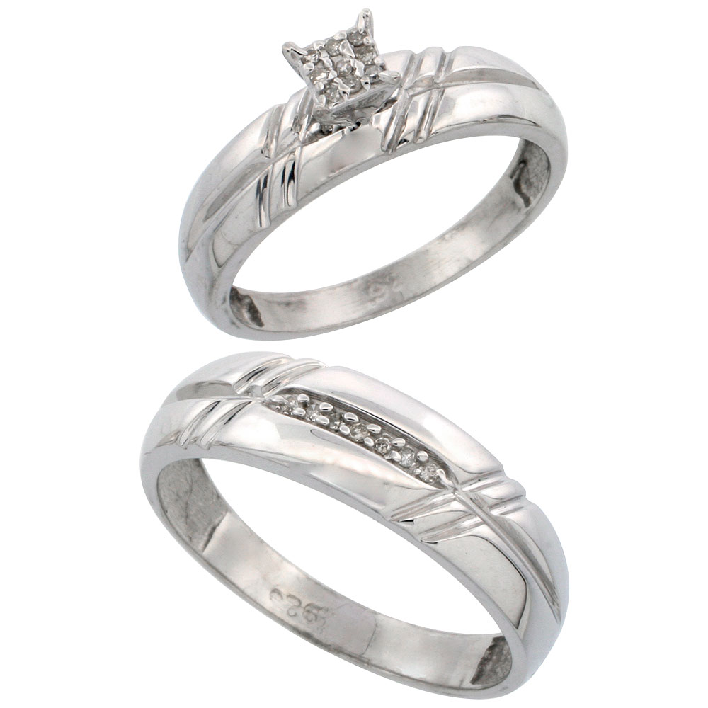 Sterling Silver 2-Piece Diamond wedding Engagement Ring Set for Him and Her Rhodium finish, 5.5mm &amp; 6mm wide
