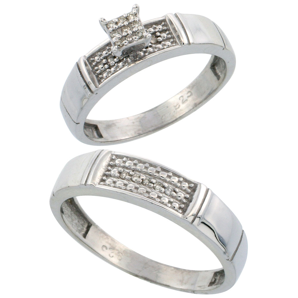 Sterling Silver 2-Piece Diamond wedding Engagement Ring Set for Him and Her Rhodium finish, 4.5mm &amp; 5mm wide