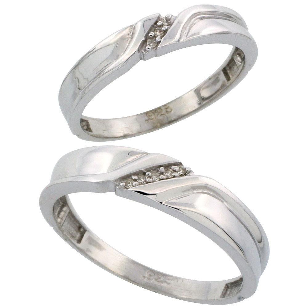 Sterling Silver Diamond 2 Piece Wedding Ring Set His 5mm &amp; Hers 3.5mm Rhodium finish, Men&#039;s Size 8 to 14