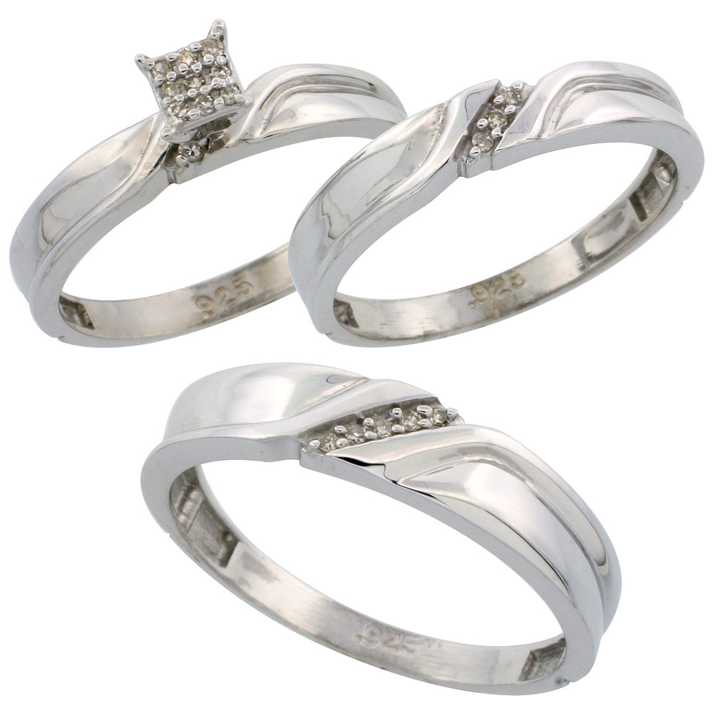 Sterling Silver Diamond Trio Wedding Ring Set His 5mm &amp; Hers 3.5mm Rhodium finish, Men&#039;s Size 8 to 14