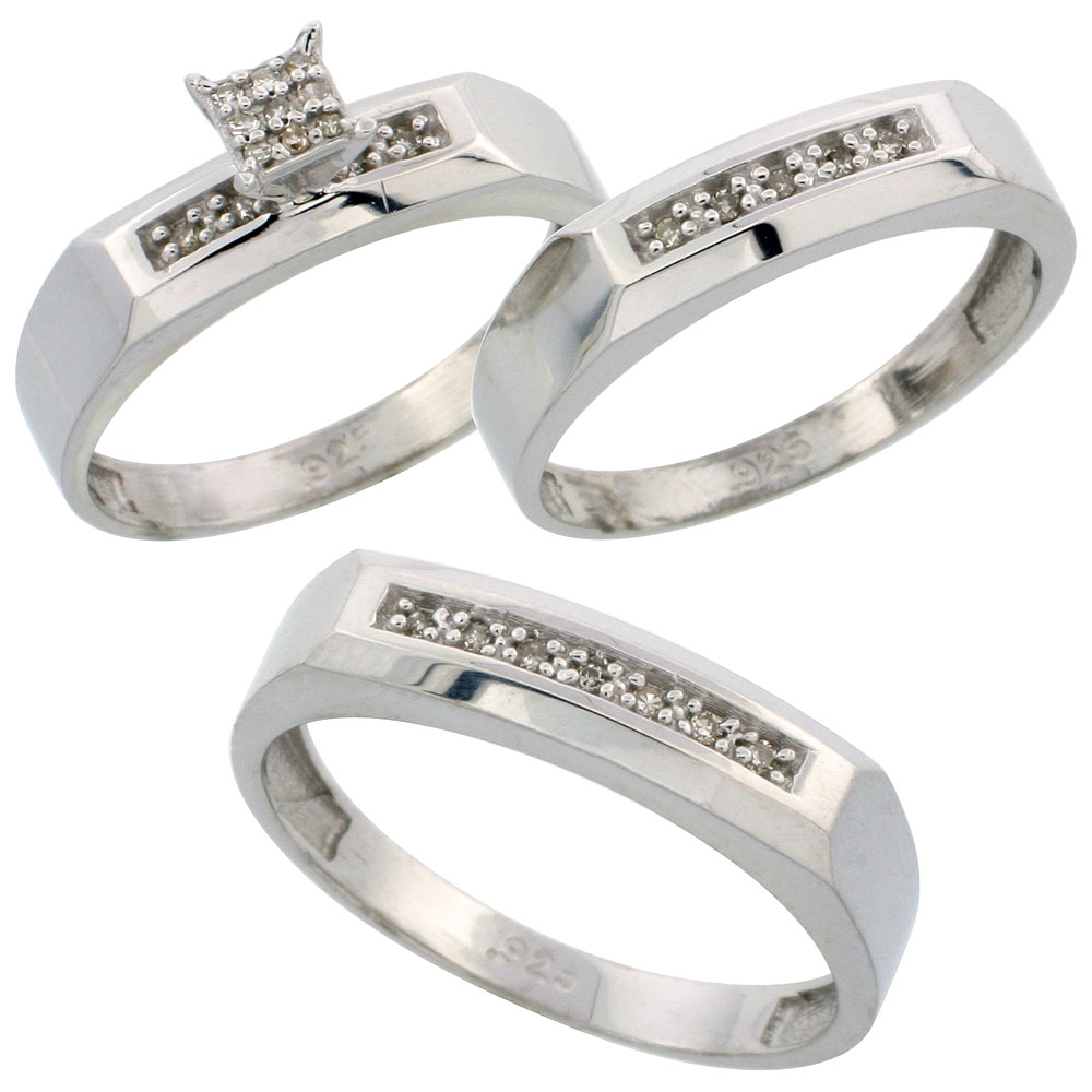 Sterling Silver Diamond Trio Wedding Ring Set His 5mm & Hers 4.5mm Rhodium finish, Men's Size 8 to 14