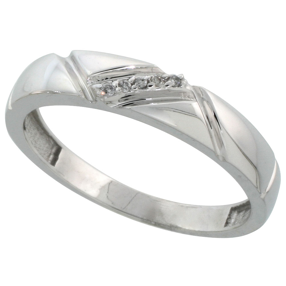 Sterling Silver Men&#039;s Diamond Wedding Band Rhodium finish, 3/16 inch wide