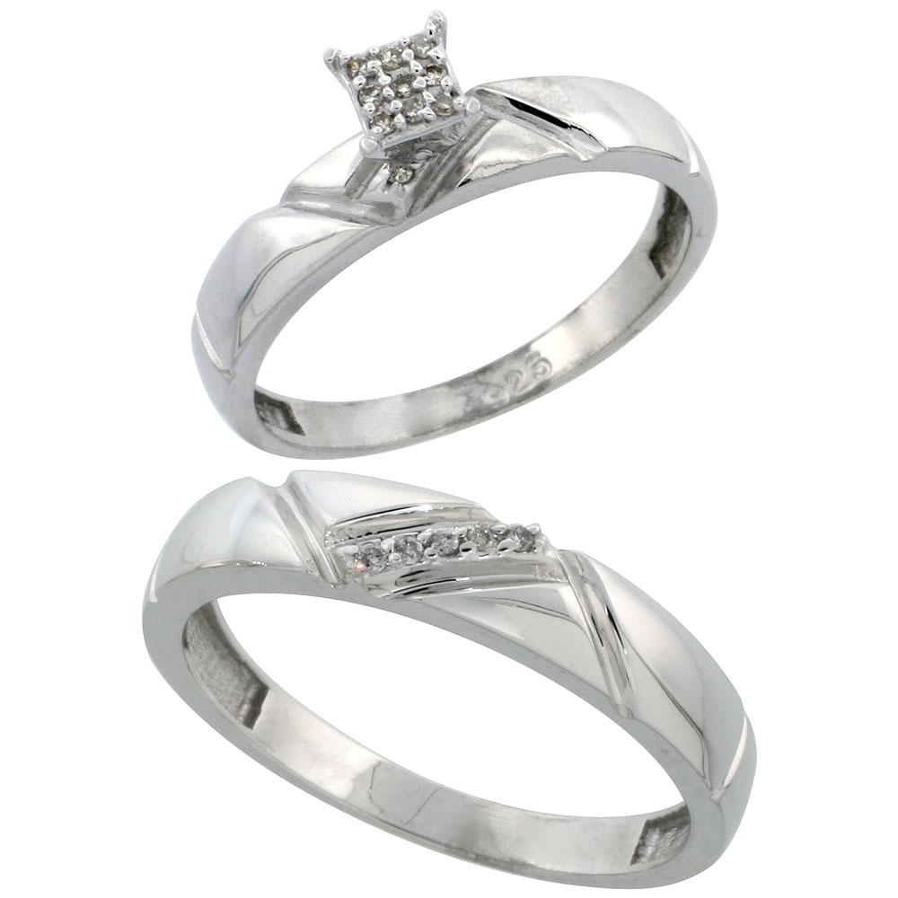 Sterling Silver 2-Piece Diamond wedding Engagement Ring Set for Him and Her Rhodium finish, 4mm & 4.5mm wide