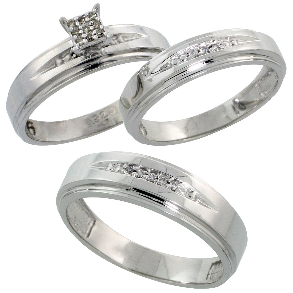 Sterling Silver Diamond Trio Wedding Ring Set His 6mm &amp; Hers 5mm Rhodium finish, Men&#039;s Size 8 to 14