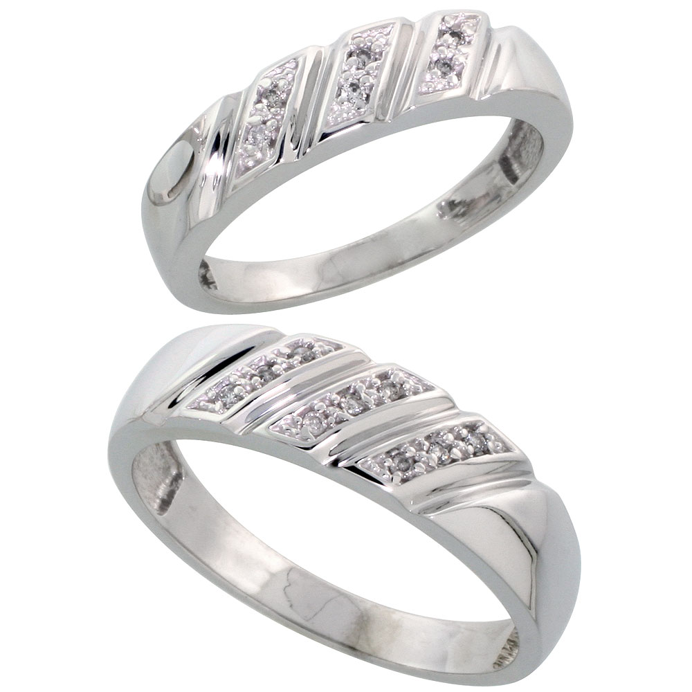 Sterling Silver Diamond 2 Piece Wedding Ring Set His 6mm &amp; Hers 5mm Rhodium finish, Men&#039;s Size 8 to 14