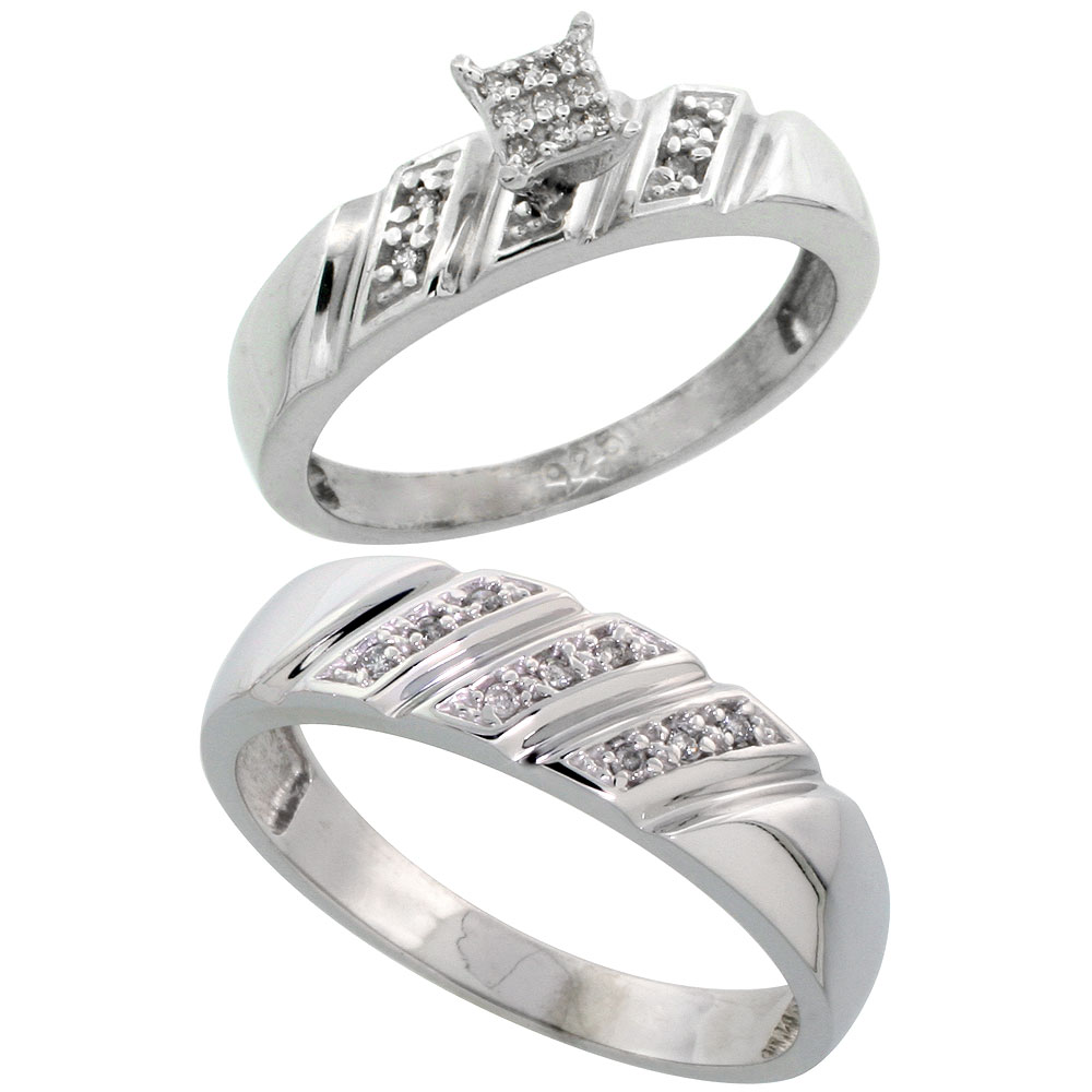 Sterling Silver 2-Piece Diamond wedding Engagement Ring Set for Him and Her Rhodium finish, 5mm &amp; 6mm wide