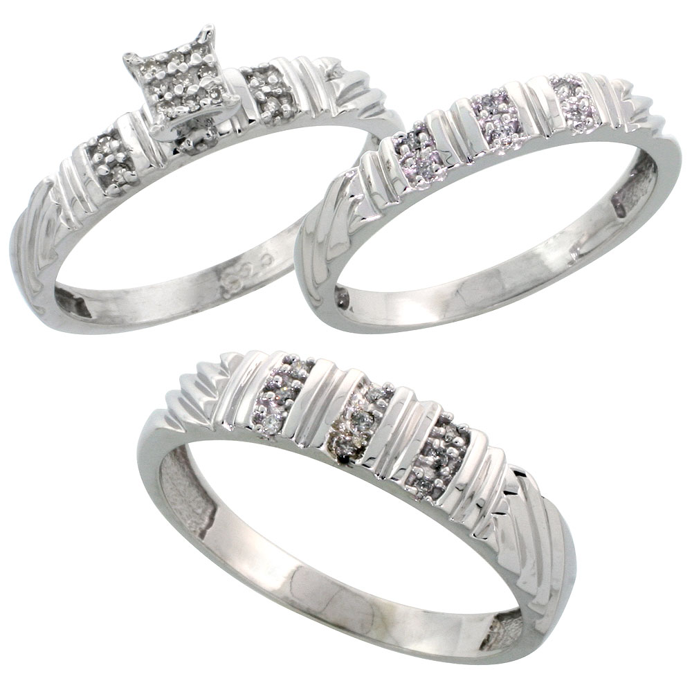 Sterling Silver Diamond Trio Wedding Ring Set His 5mm &amp; Hers 3.5mm Rhodium finish, Men&#039;s Size 8 to 14