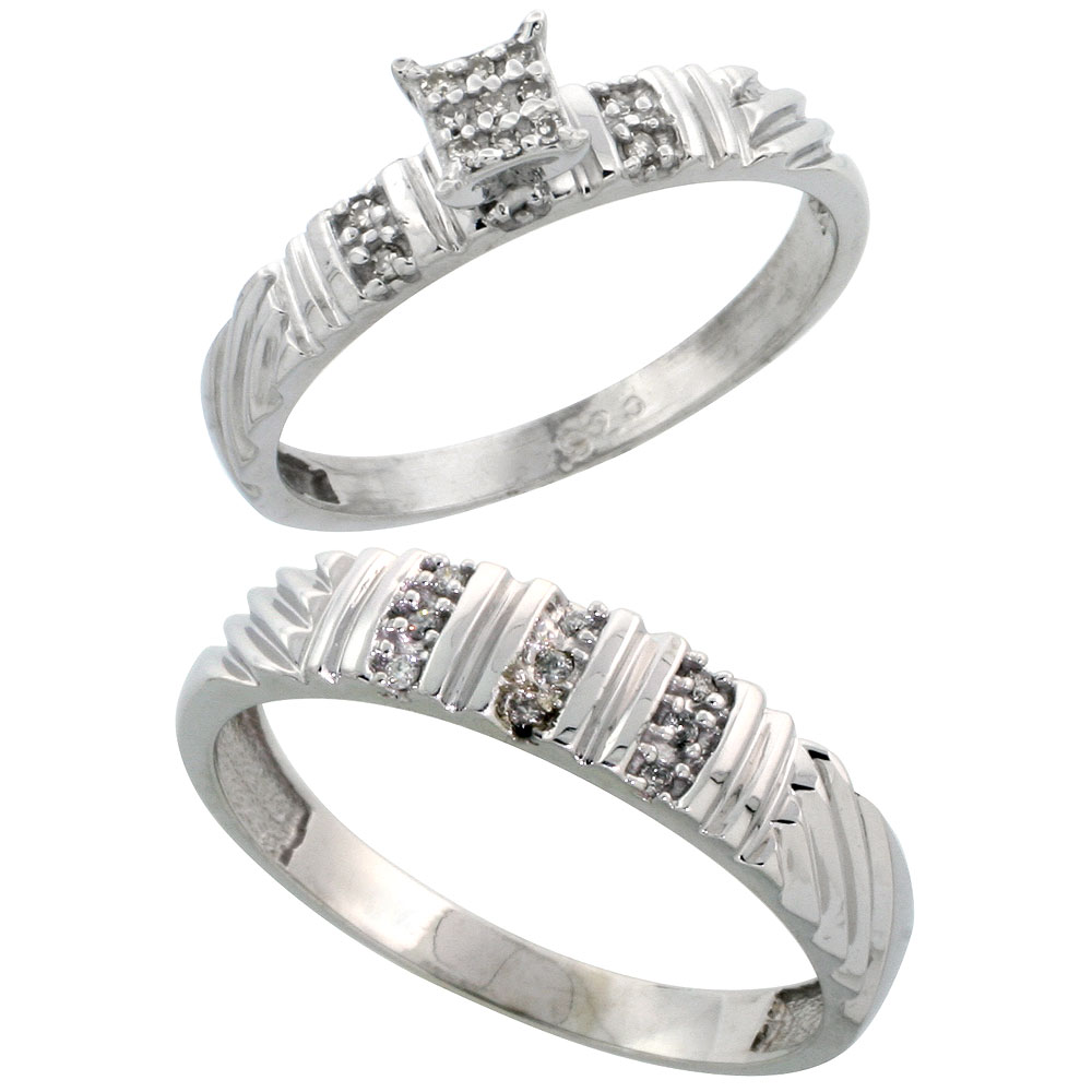 Sterling Silver 2-Piece Diamond wedding Engagement Ring Set for Him and Her Rhodium finish, 3.5mm &amp; 5mm wide