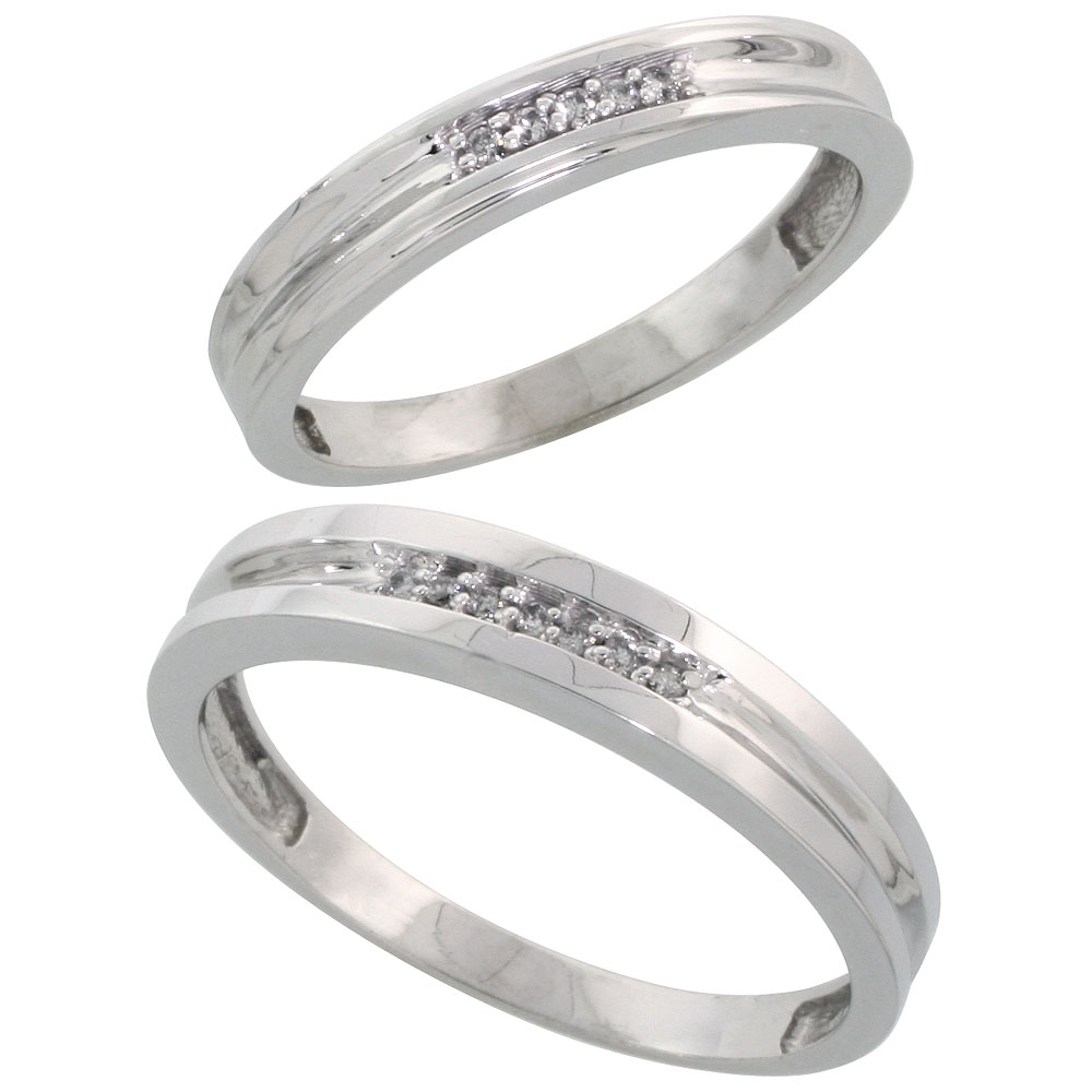 Sterling Silver Diamond 2 Piece Wedding Ring Set His 4mm &amp; Hers 3.5mm Rhodium finish, Men&#039;s Size 8 to 14