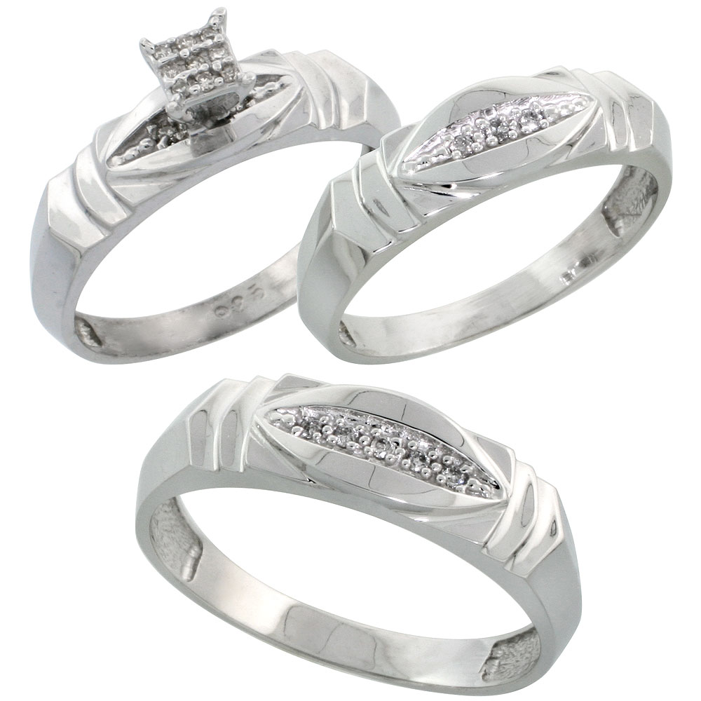 Sterling Silver Diamond Trio Wedding Ring Set His 6mm &amp; Hers 5mm Rhodium finish, Men&#039;s Size 8 to 14